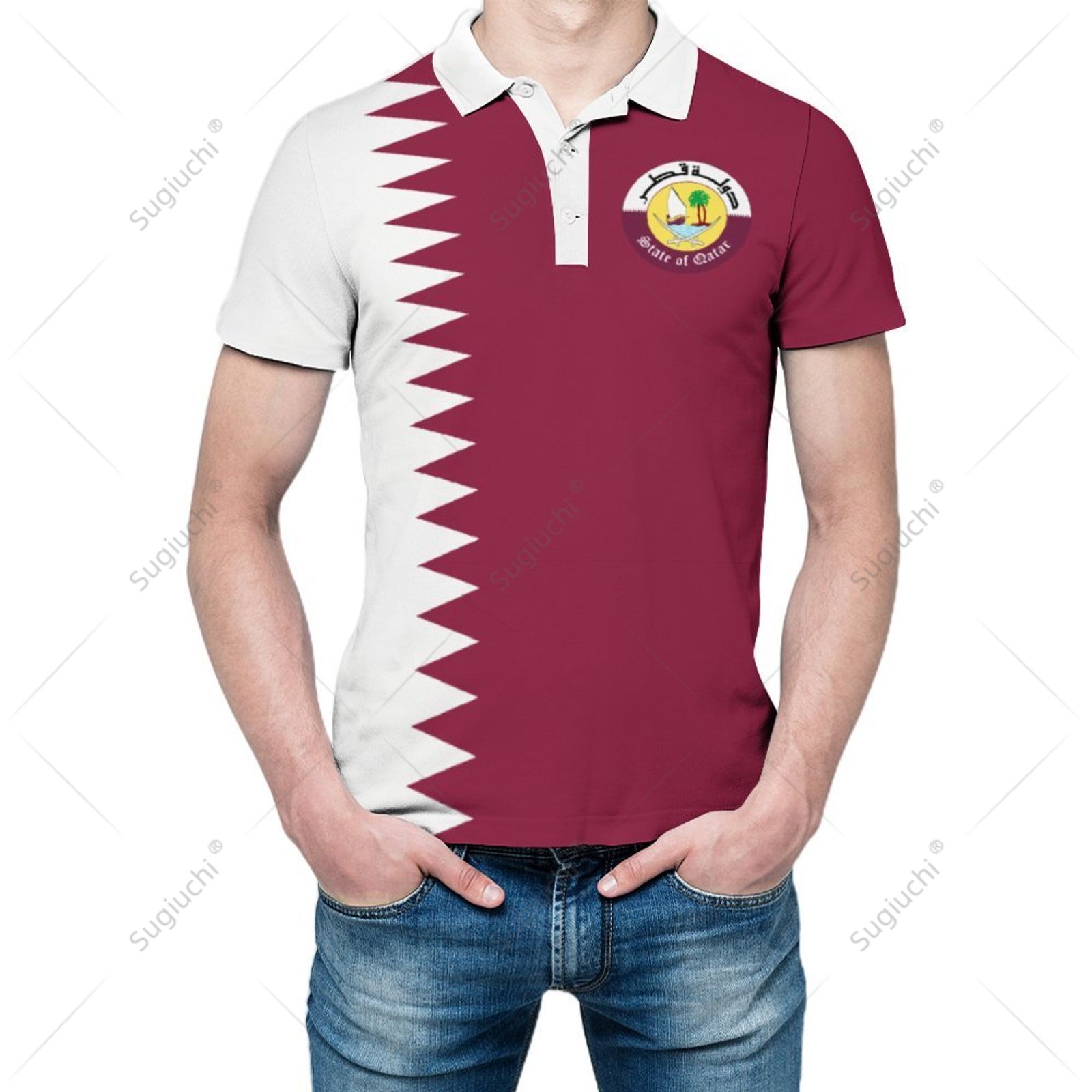 Men'S Fashion Qatar - ユニセックスポロシャツ カタール国旗 3Dプリント メンズポロ ファッション衣料 ジャージ