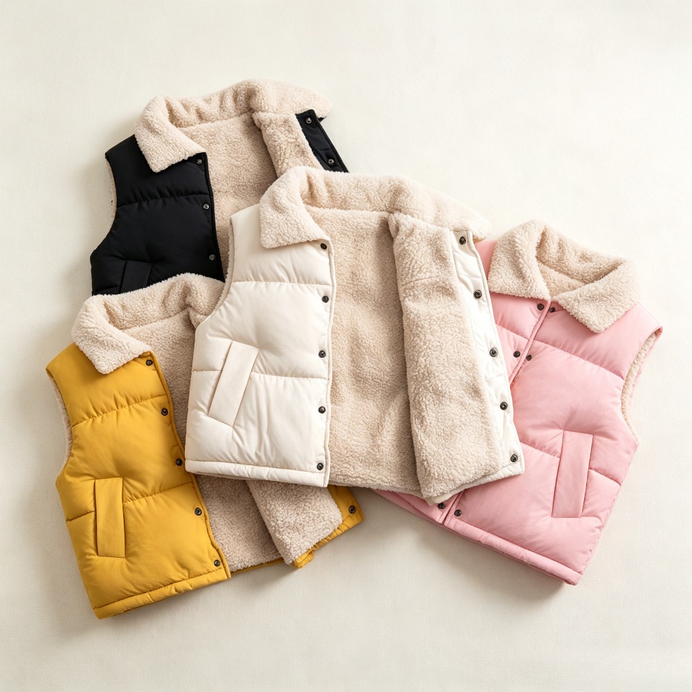Sherpa Jacket Fleece - キッズ冬用暖かいパファーベスト、シェルパフリース裏地付きアウターウェア、男の子女の子用ノースリーブジャケット、子供用保温ジレ（ポケット付き）