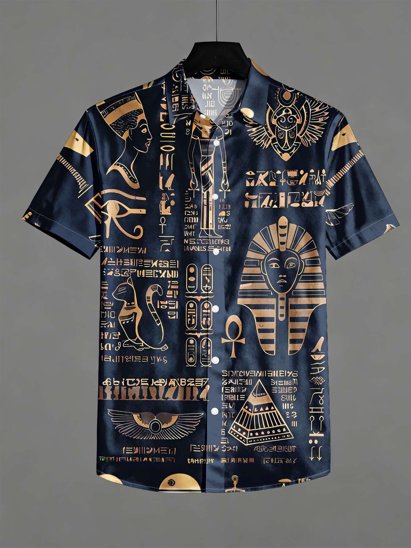 Men Fashion Egypt - ヴィンテージエジプトシンボルファラオ猫象形文字柄ユニセックス半袖ブラウスキャンプカラールーズトロピカルバケーションシャツ