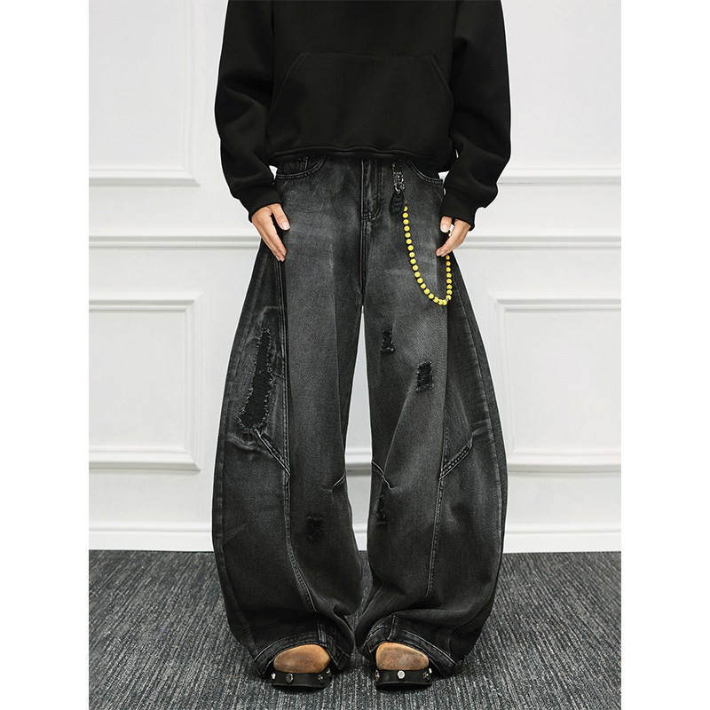 Men'S Fashion Grey Jeans - ヴィンテージ風ニューファッションアメリカンスタイルメンズウォッシュドブラックグレーカジュアルトレンドルーズワイドレッグデニムトラウザーズ男性服ジーンズパンツ