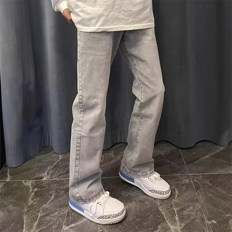 Men'S Fashion Grey Jeans - アメリカンヴィンテージニューファッションメンズグレー無地シンプルベーシックカジュアルトレンディストレートフレアデニムパンツ男性ジーンズパンツ