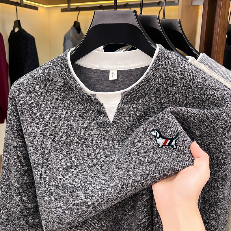 Men'S Fashion Color - ファッショントレンド無地メンズフェイクツーピースTシャツ秋冬快適長袖プルオーバートップスビジネスメンズウェア