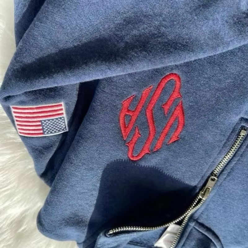 Mens Fashion Quarter Zip - クォータージップスウェットシャツ Y2K ネイビーブルー USA 刺繍アメリカ国旗パッチワークジャケット メンズ