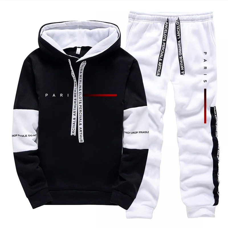 Paris Fashion Men - パリファッションパーカーストリートウェアメンズセットフード付きスウェットシャツスウェットパンツ男性オールシーズンデイリーカジュアルスポーツプルオーバージョガーパンツ