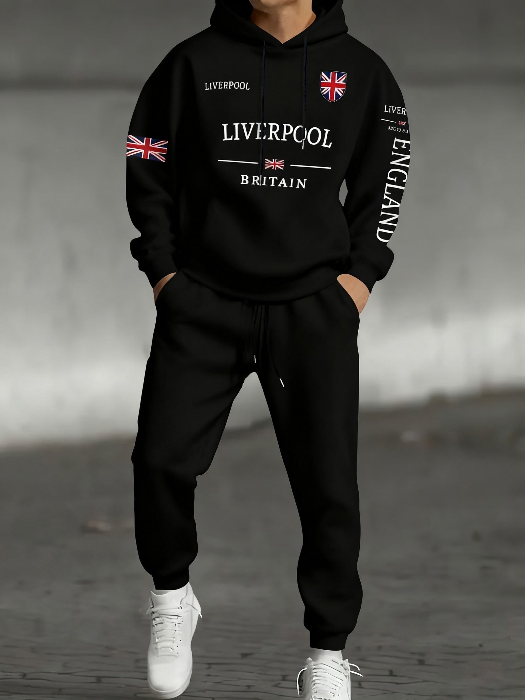 Mens Fashion Trends 2026 - 2026年秋冬 ブリティッシュフラッグプリント トレンド メンズ＆レディース フード付きスウェットシャツセット カジュアルファッション