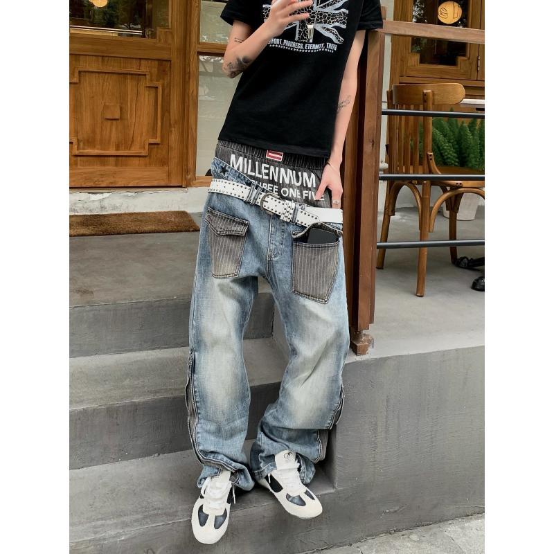 Mens Fashion Young - メンズ パッチワークデザイン ジーンズ 90年代風 カジュアルパンツ 若者向け