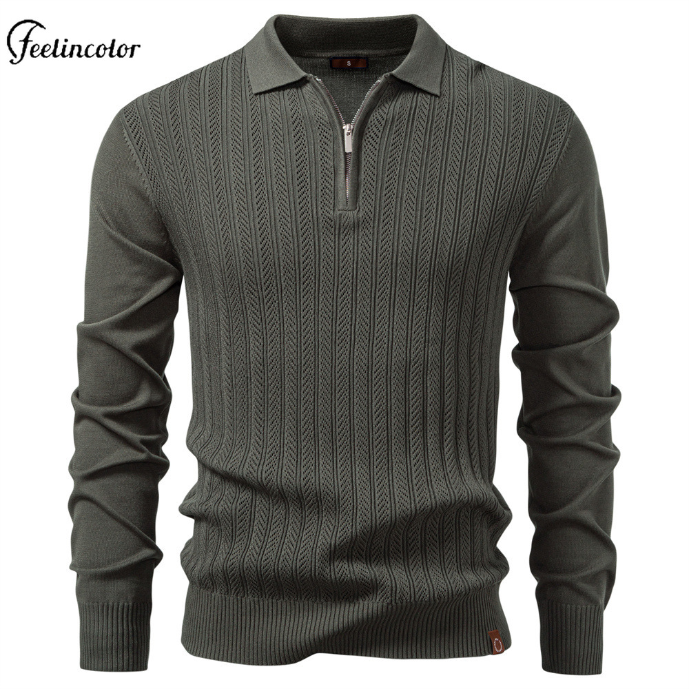 Mens Fashion Quarter Zip - オリーブグリーン メンズ クォータージップ ポロシャツ 長袖 テクスチャードニット