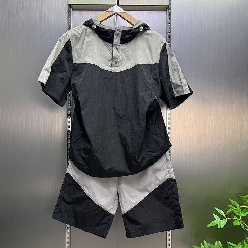 Men'S Fashion Color - 夏用速乾カジュアルスポーツフード付きショートパンツ半袖セット メンズ、おしゃれなコントラストカラーのゆったりとした2ピースセット
