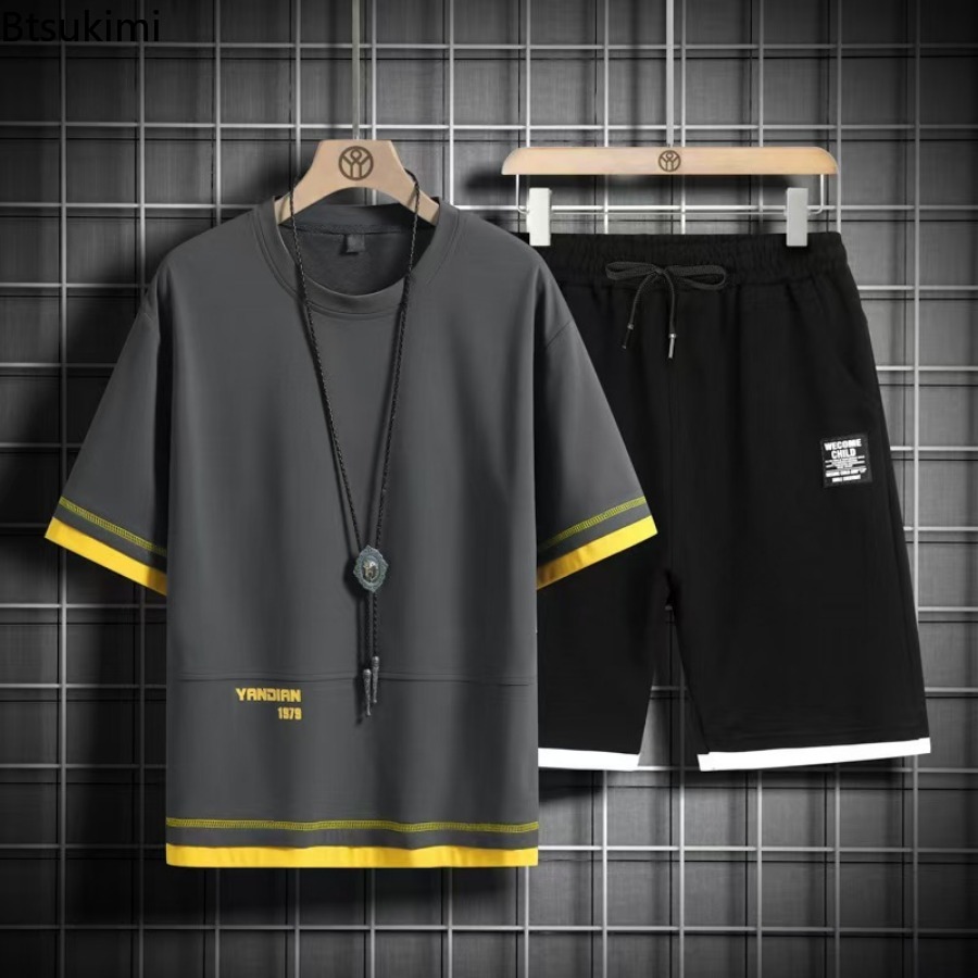 Men'S Fashion Color - 2026年夏メンズファッションカラーブロッキング半袖Tシャツ+ショートパンツ2点セット男性ヒップホップスポーツウェアオーバーサイズ5XL