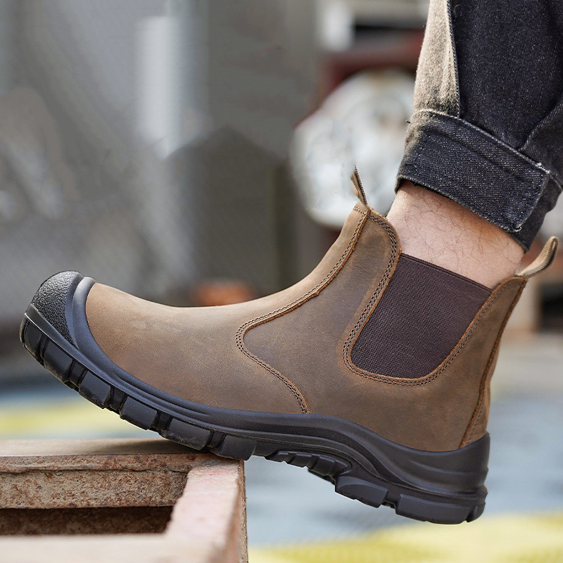 Chelsea Boots Men - 大きいサイズのメンズファッション、スチールトゥカバー付きワークブーツ、牛革安全靴、黒と茶色の作業用チェルシーブーツ、保護靴