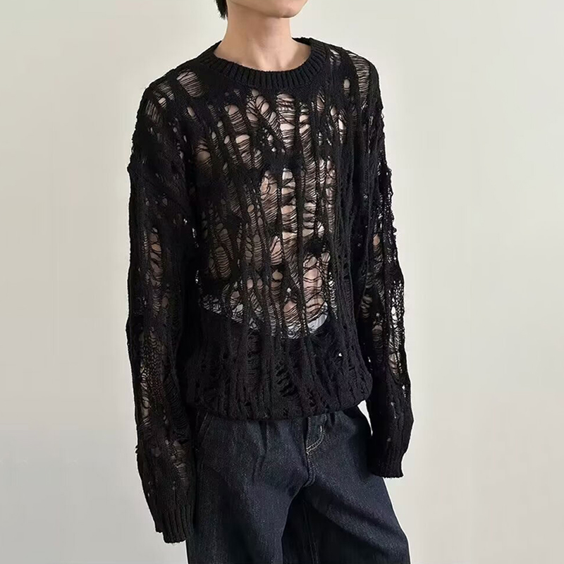 Mens Fashion Mullet - ヴィンテージリッピング中空メッシュニットセーター男性秋ストリートファッションクルーネック長袖ニット Tシャツ紳士服