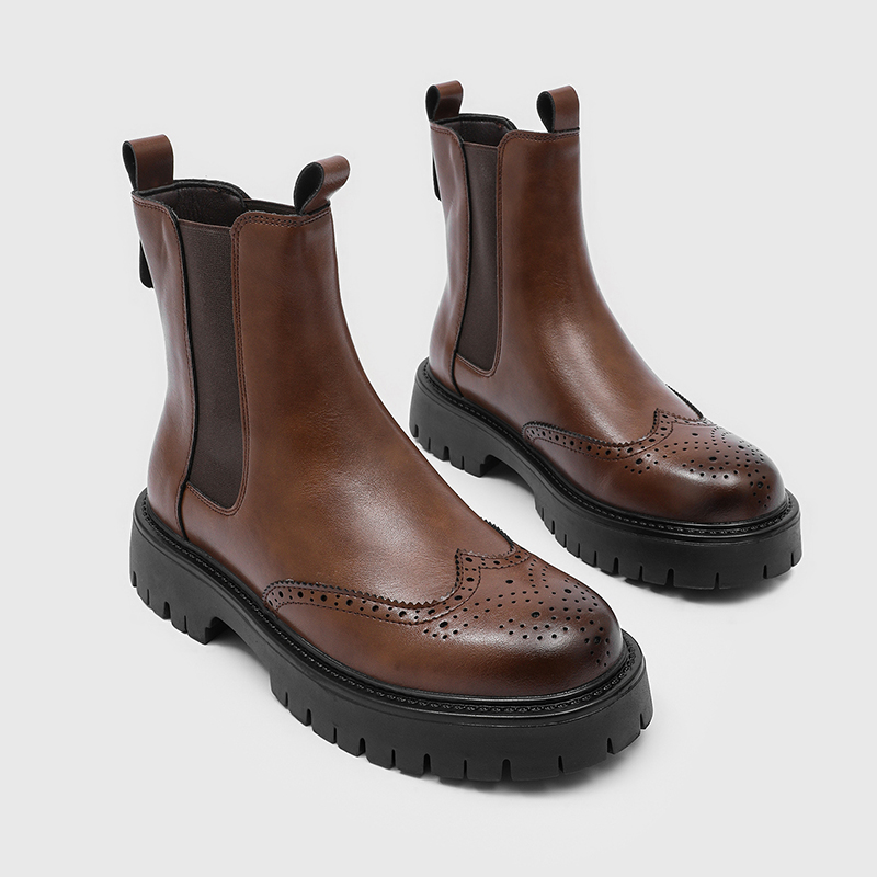 Chelsea Boots Men - 高級メンズチェルシーブーツ、彫刻入りチムニーブーツ、ビジネスカジュアル、中年向け、身長アップ、滑り止め、ミッドトップブーツ