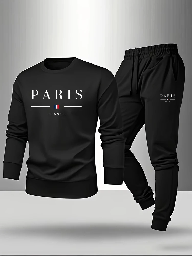 Paris Fashion Men - パリプリントメンズセットプルオーバー＆スウェットパンツ秋カジュアル暖かい服装男性ファッションOネックフーディスーツシングルスウェットシャツまたはパンツ