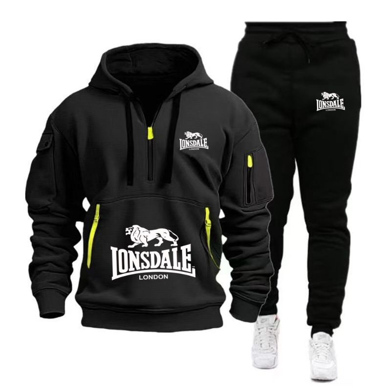 Mens Fashion Zip Up - LONSDALE メンズ カンガルーポケット パーカーセット 2026 新秋冬フリーススウェットシャツ