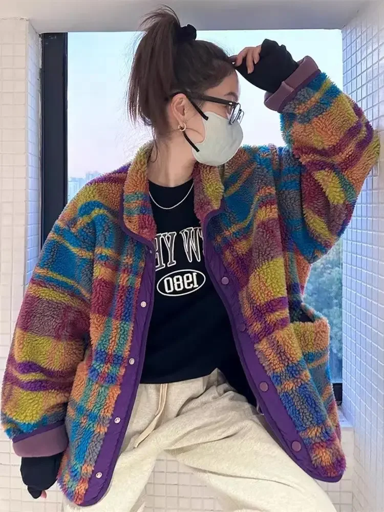 Sherpa Jacket Fleece - 女性コートポーラーフリースチェック柄秋冬ファッション厚いヴィンテージカジュアル女性ジャケットヨーロッパアメリカスタイル