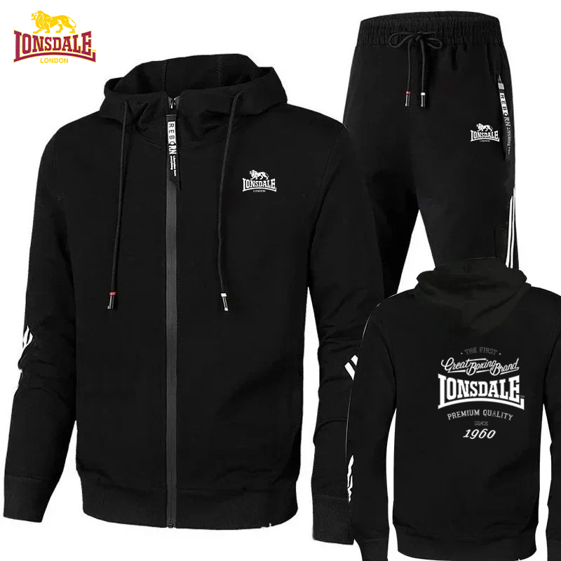 Mens Fashion Zip Up - メンズツーピーススポーツウェア、黒のTシャツとパンツ、カジュアルアーバンスタイル、スポーツウェア、LONSDALEプリント、2026年春夏コレクション