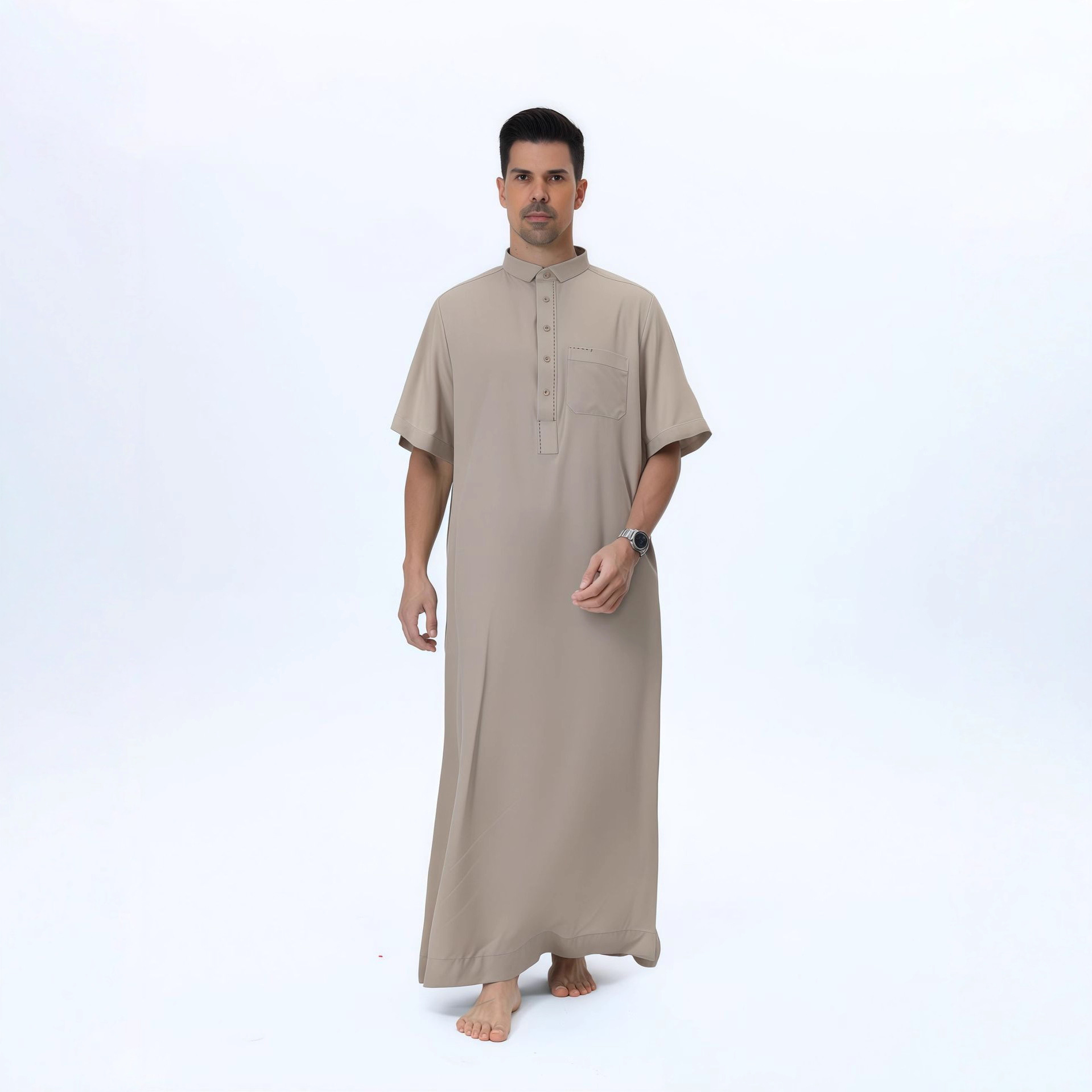 Men'S Fashion Qatar - アラブメンズローブカタールスタイル半袖トーブポケット付きスタンドカラームスリムファッションジュバ男性用ロパ・イスラミカ・オンブレ
