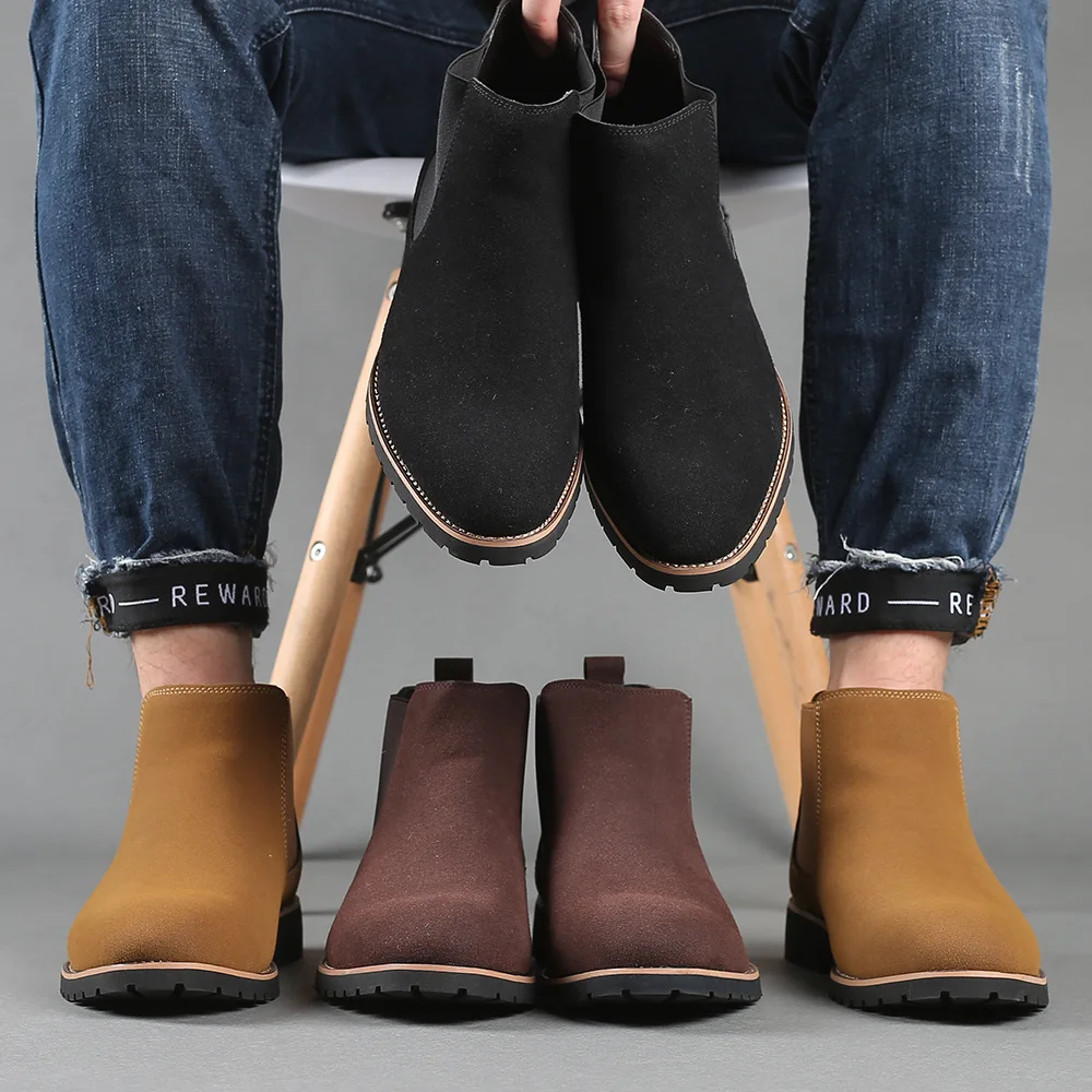Chelsea Boots Men - メンズアンクルブーツ、ブリティッシュスタイル、スエードレザーブーツ、ファッションチェルシーブーツ、メンズビジネスドレスブーツ、ハイカットカジュアルブーツ