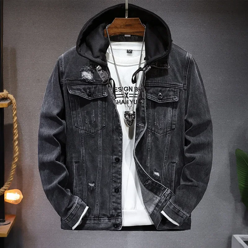 Men'S Fashion Grey Jeans - ポップスプリング秋の新作メンズカジュアルトレンドウォッシュドグレージーンズジャケットコート穴パッチ付き取り外し可能帽子フード付きデニムコート