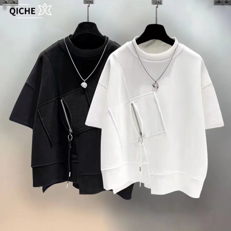 Mens Fashion Quarter Zip - QICHE メンズ ポケットジップ スプライシング 半袖Tシャツ 多用途