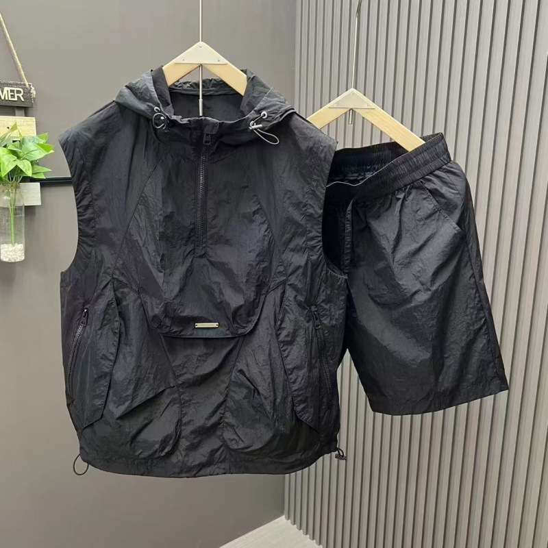 Mens Fashion Zip Up - 2026 夏の新メンズカジュアルフード付きノースリーブ 2 点セット軽量アイスシルクルーズ膝丈ショーツ韓国スタイル