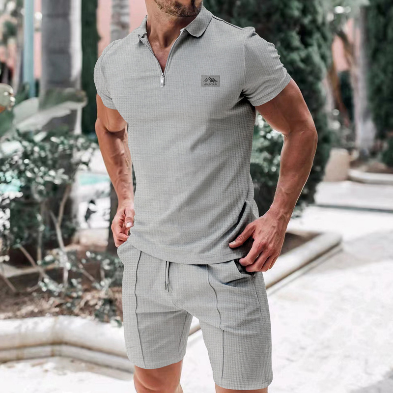 Mens Fashion Zip Up - 2026年新作メンズヨーロピアンスタイルスーツセット - 夏用無地ジッパー付き襟付きブラウス、半袖、ドレスショーツ - ツーピース