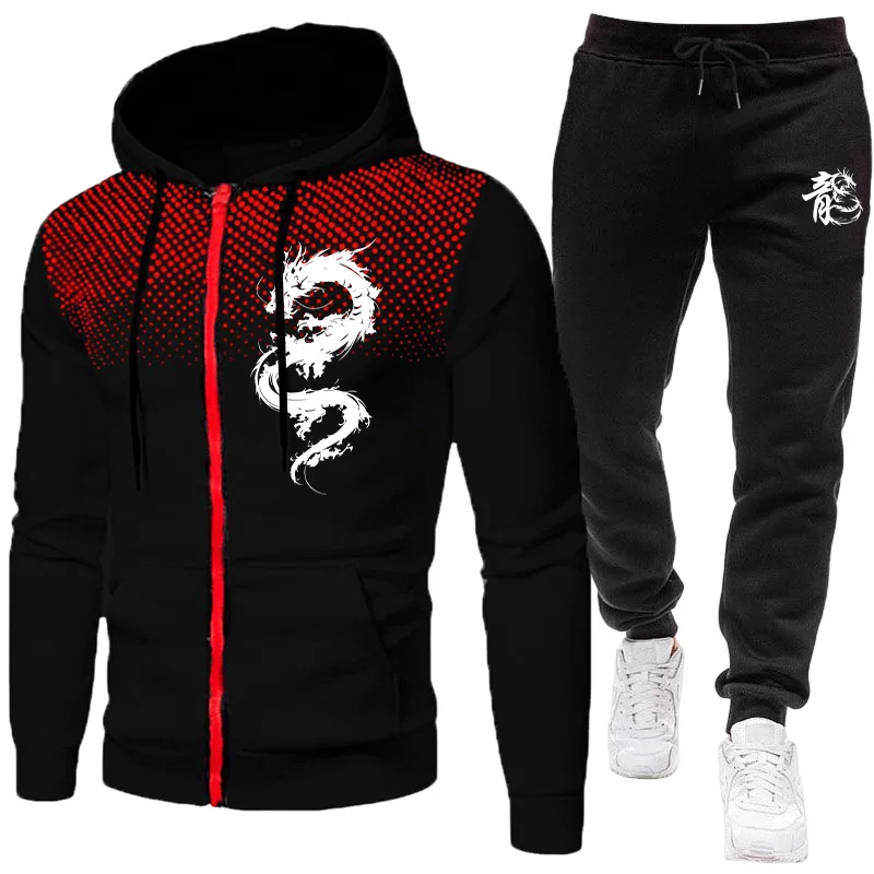 Mens Fashion Zip Up - メンズパリドラゴン柄ファッションプリントセットアップ ツーピースセット パーカーと暖かいパンツ 冬用シンプルパーカーセット クリアランス メンズ服