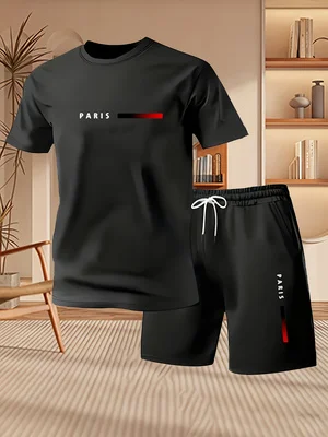 Paris Fashion Men - 2026年新作ファッショナブルなシンプルなパリ風レタープリントメンズ半袖Tシャツ+ショートパンツスポーツウェア夏カジュアルルーズ2点セット