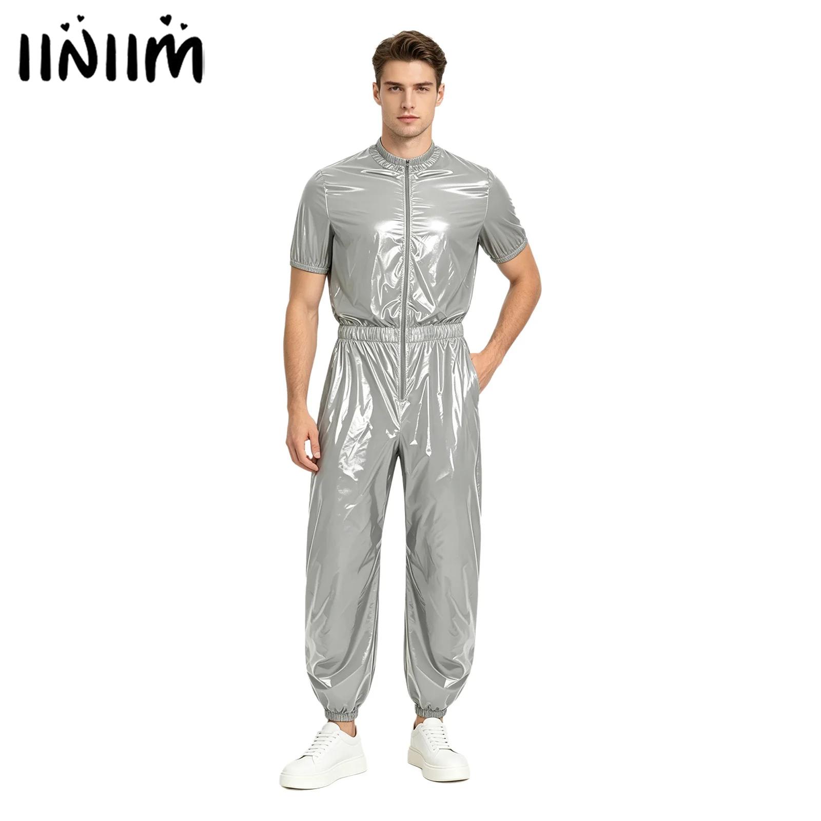 Mens Fashion Zip Up - メンズ防水ワンピースユニタードジャンプスーツフロントジッパー弾性ウエストサイドポケットジョギングパンツロンパースレインコートサウナトラックスーツ