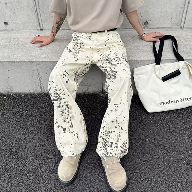 Mens Fashion In The 2000S - メンズホワイトヒョウバギージーンズ,ロングカジュアルパンツ,ラグジュアリーデザイナーパンツ,ファッションウェア,2000s,y2k,new,2024