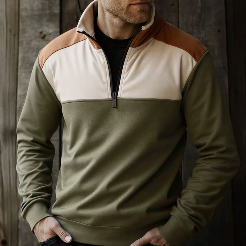 Mens Fashion Quarter Zip - UETEEY メンズ クォータージップ パッチワーク スウェットシャツ アウトドア