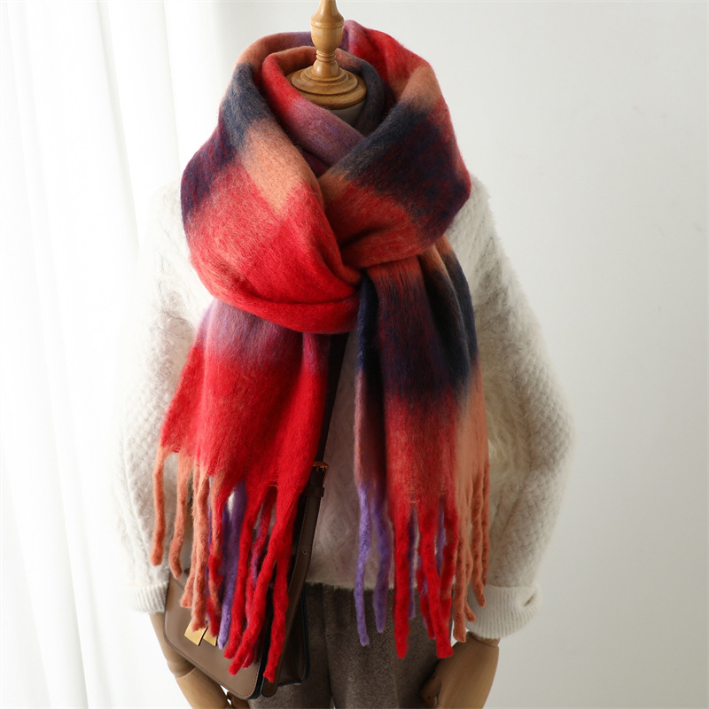 Men Scarf Wool - 新作秋冬グリッドスカーフ 女性用 240*38cm 男性用 厚手暖かいスカーフ レインボータッセルショール