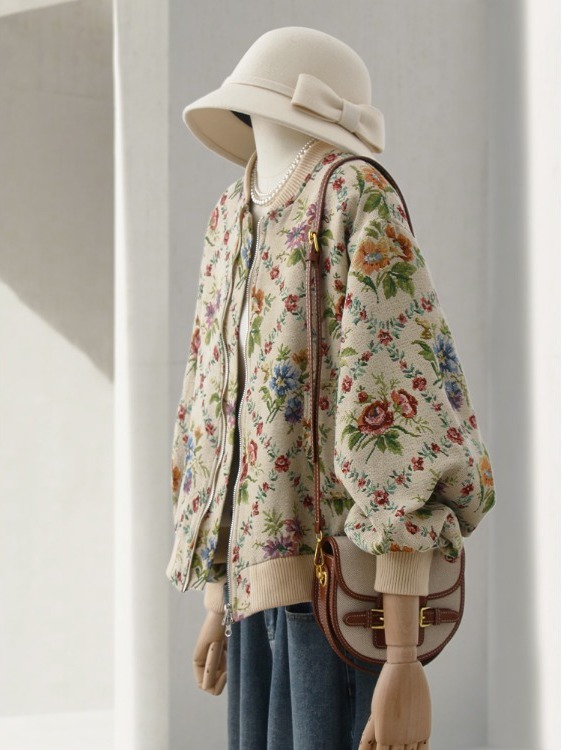 Sherpa Jacket Fleece - レトロな雰囲気の油絵刺繍ジャケット野球スタイルのアウターウェア女性のための秋冬ファッショナブルなストレートカットショートコート