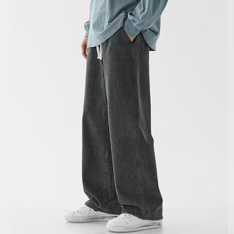 Men'S Fashion Grey Jeans - 韓国ファッションメンズバギージーンズ伸縮性ウエストクラシックソリッドカラーストレートレッグデニムワイドレッグパンツ男性ライトブルーグレーブラック