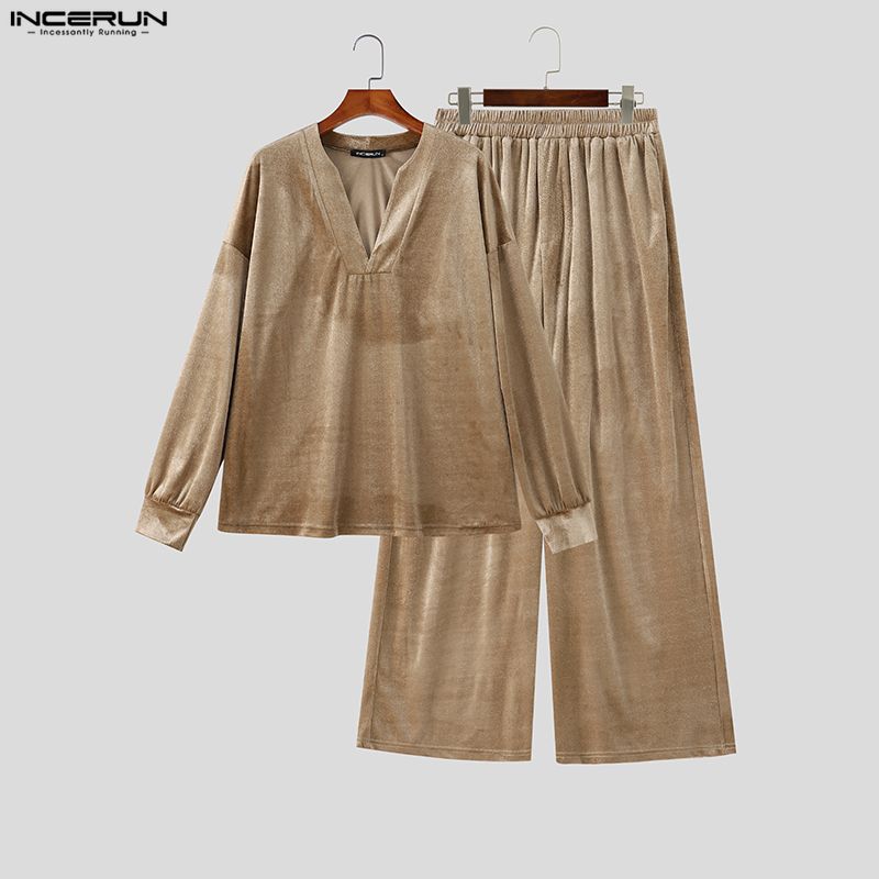 INCERUN メンズセットアップ 無地 Vネック 長袖Tシ - Men'S Fashion Color のレビューと価格