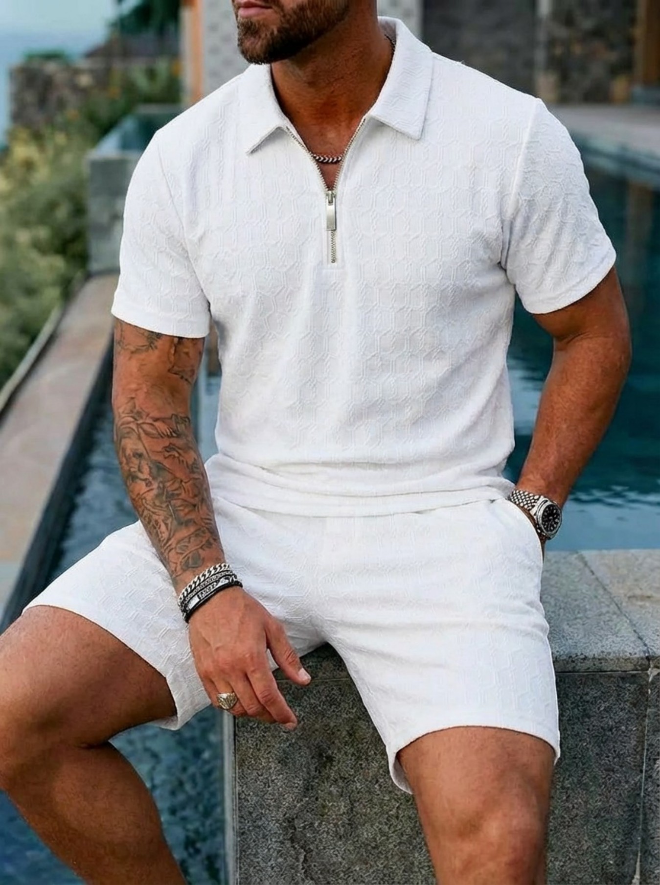 夏の新メンズファッションジッパーカラーソリッドカラー花柄半袖 - Men'S Fashion Color のレビューと価格