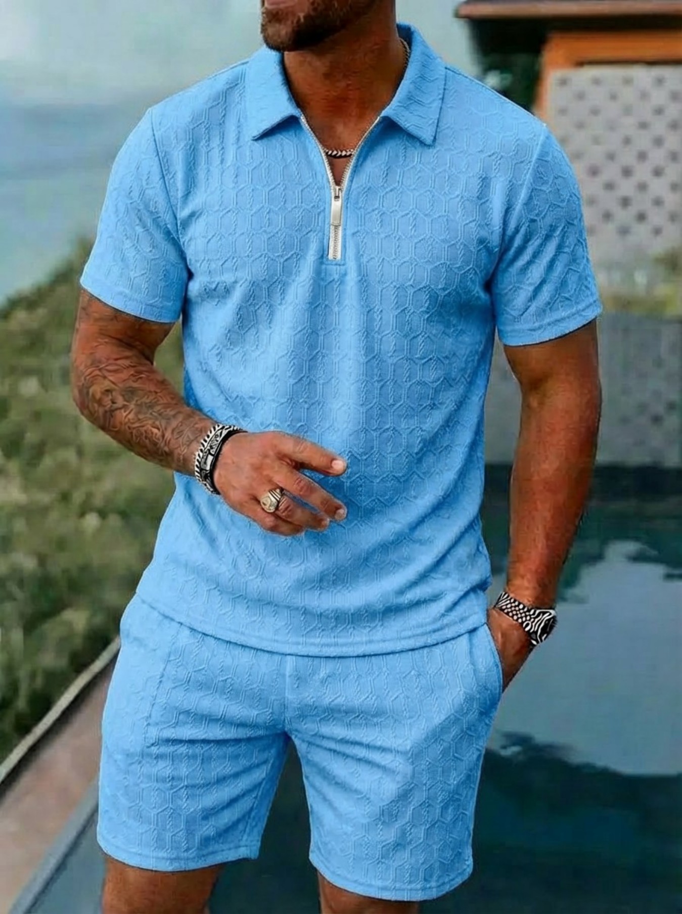 夏の新メンズファッションジッパーカラーソリッドカラー花柄半袖 - Men'S Fashion Color のレビューと価格