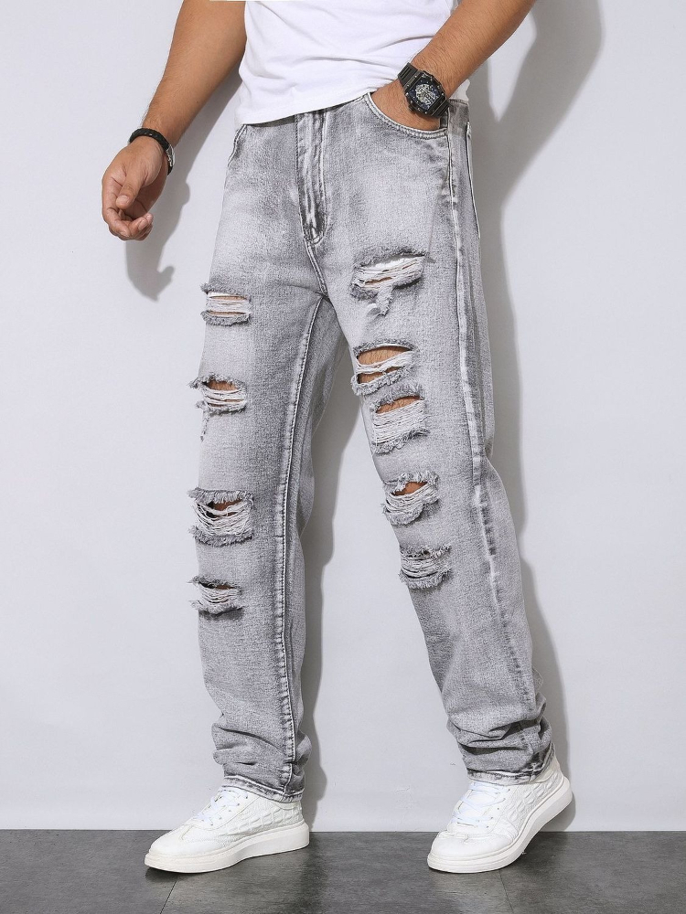 メンズ秋冬ダメージ加工グレーデニムパンツアメリカンストリート - Men'S Fashion Grey Jeans のレビューと価格