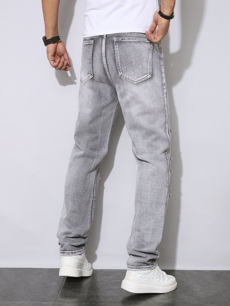 メンズ秋冬ダメージ加工グレーデニムパンツアメリカンストリート - Men'S Fashion Grey Jeans のレビューと価格