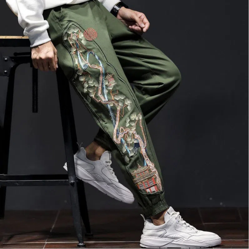 男性用の伸縮性ウエストバンド付きプリントパンツ,刺繍入りポケ - Mens Fashion Young のレビューと価格