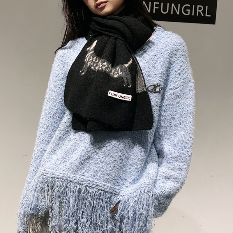 韓国版ウール混紡子犬柄ジャカードスカーフ男女兼用暖かい多用途 - Men Scarf Wool のレビューと価格