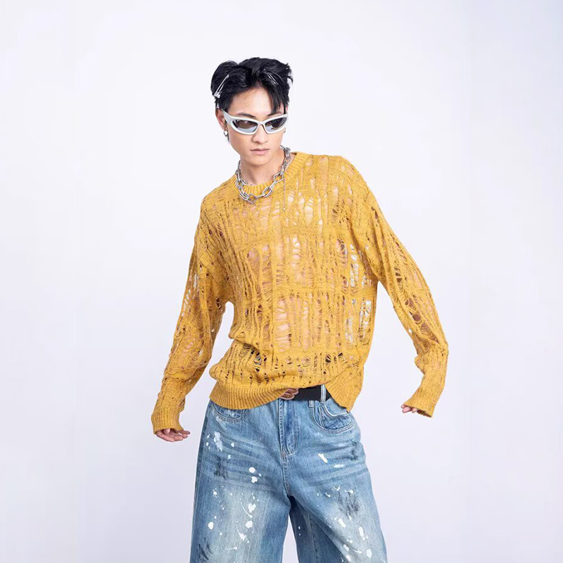 ヴィンテージリッピング中空メッシュニットセーター男性秋ストリ - Mens Fashion Mullet のレビューと価格