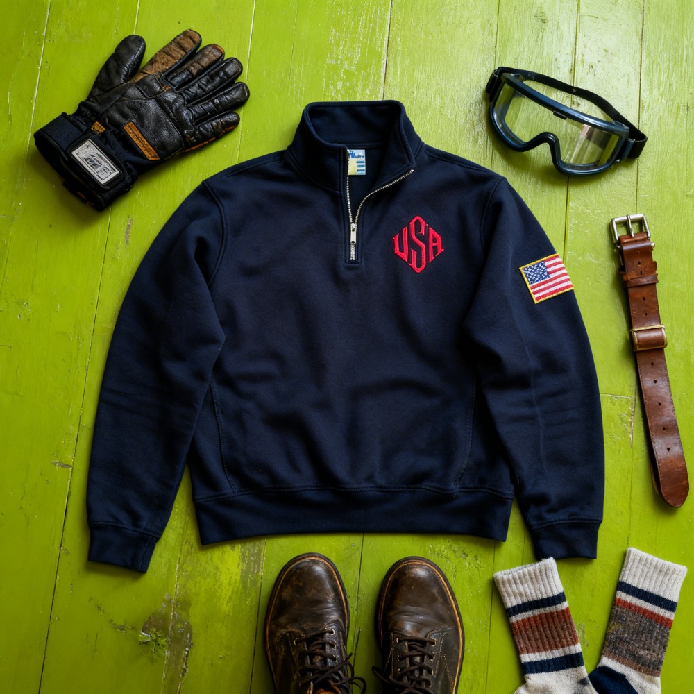 アメリカ国旗パッチ付きスウェットシャツ ヴィンテージネイビー - Mens Fashion Quarter Zip のレビューと価格