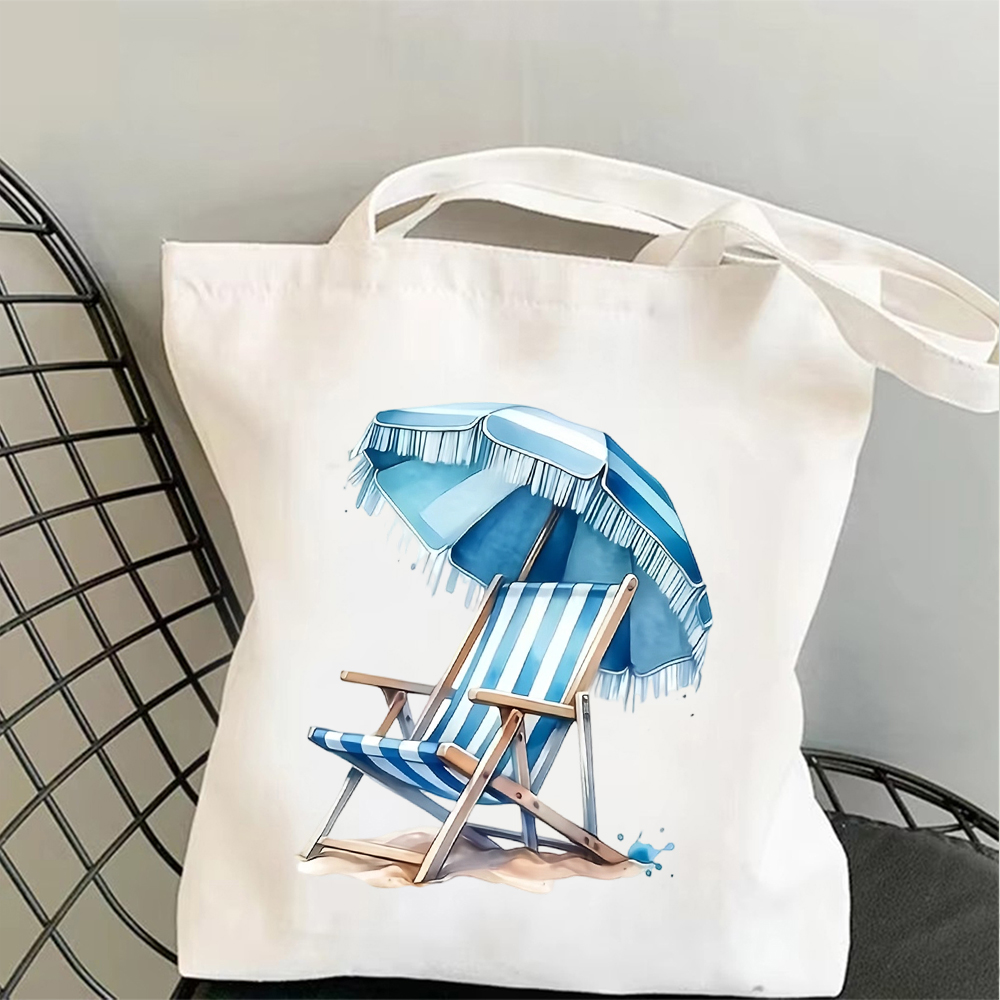 水彩画のビーチチェアと傘のプリントキャンバストートバッグ女性 - Men'S Fashion Umbrella のレビューと価格