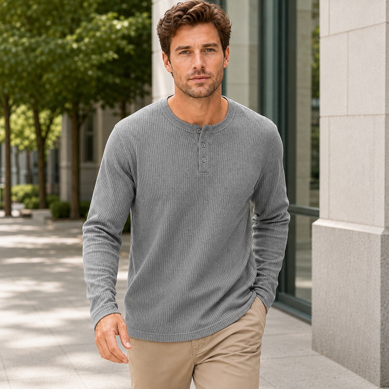 メンズシンプルファッション長袖ヘンリーシャツ、カジュアルで多 - Men'S Fashion Color のレビューと価格