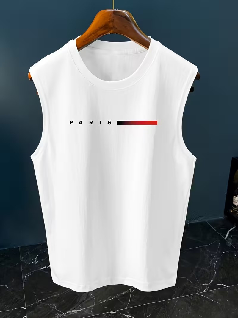 メンズミニマリストパリレタープリントノースリーブタンクトップ - Paris Fashion Men のレビューと価格