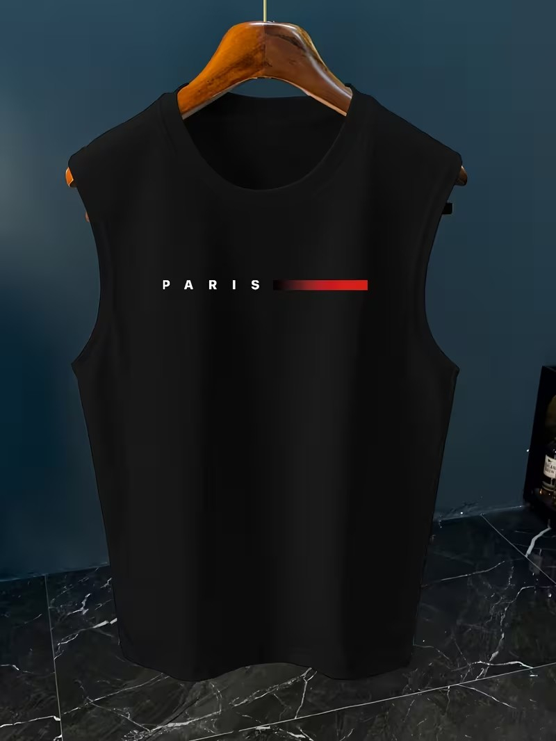 メンズミニマリストパリレタープリントノースリーブタンクトップ - Paris Fashion Men のレビューと価格