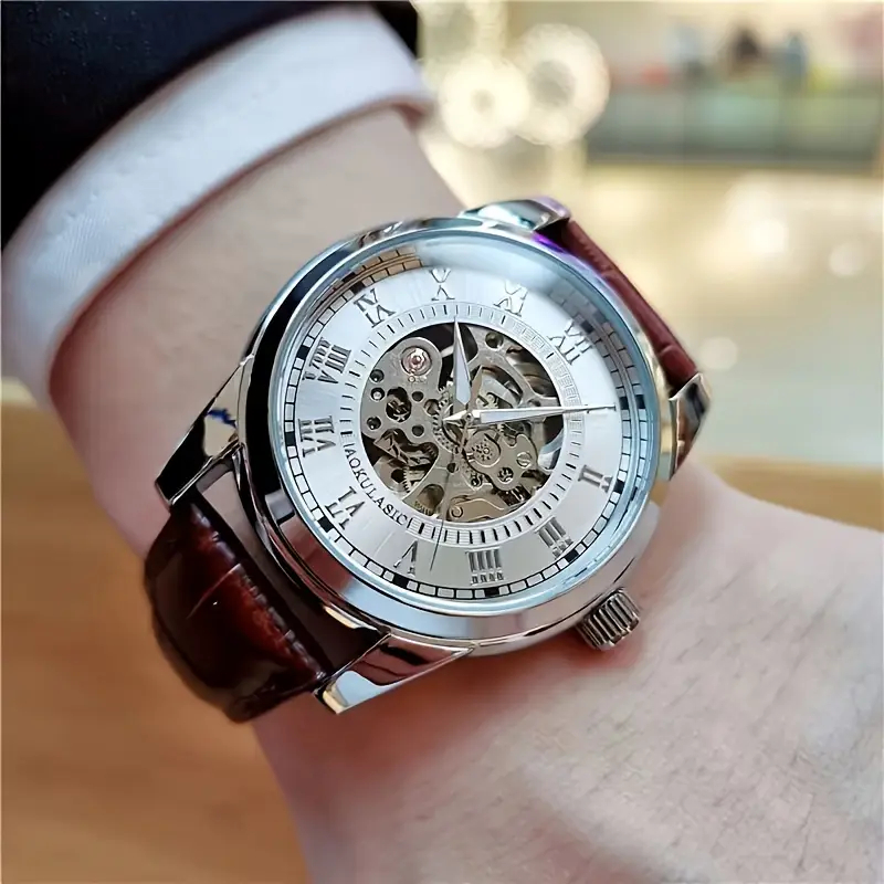 エレガントなメンズ自動機械式時計、スケルトンデザイン、レザー - Mens Fashion Young のレビューと価格