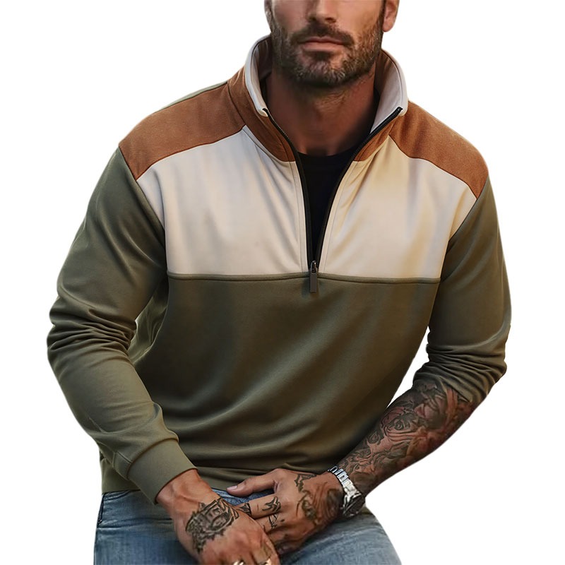 UETEEY メンズ クォータージップ パッチワーク スウェ - Mens Fashion Quarter Zip のレビューと価格