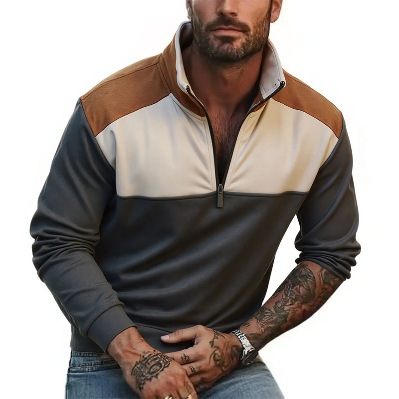 UETEEY メンズ クォータージップ パッチワーク スウェ - Mens Fashion Quarter Zip のレビューと価格